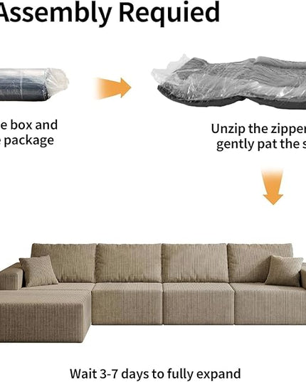 139" Boneless Cloud Sectional Couch for Living Room, Compressed Modular L-Shaped Sofa with Deep Seat, Frameless Corduroy Couch in Boxes, No Assembly Required 4-Seater (Right-Facing Chaise, Grey)