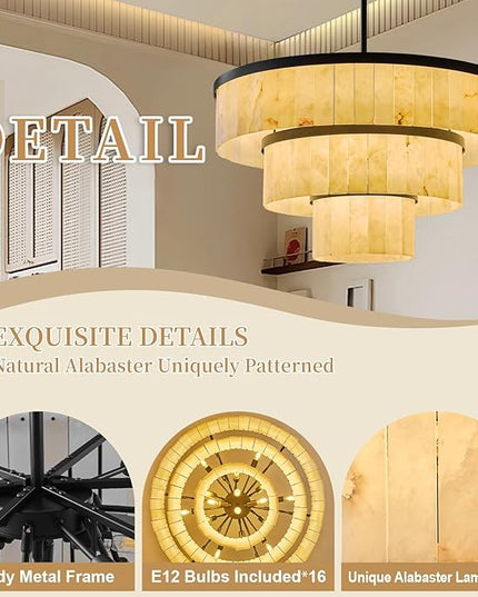 D34.3 Round Alabaster Chandelier, 3-Tier Brass Marble High Ceiling Chandeliers, Modern Dining Room Chandeliers Living Room Light for Entryways, Foyer, Stair, Kitchen Black(Include Bulbs)