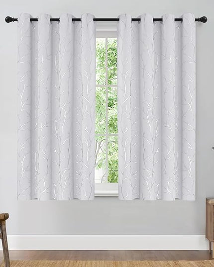 BUHUA White Blackout Curtains with Grommet 2 Panel Sets, Blackout Blinds for Bedroom, Elegant Silver Tree Branches Print Window Treament for Livingroom 52W x 54L, Greyish White