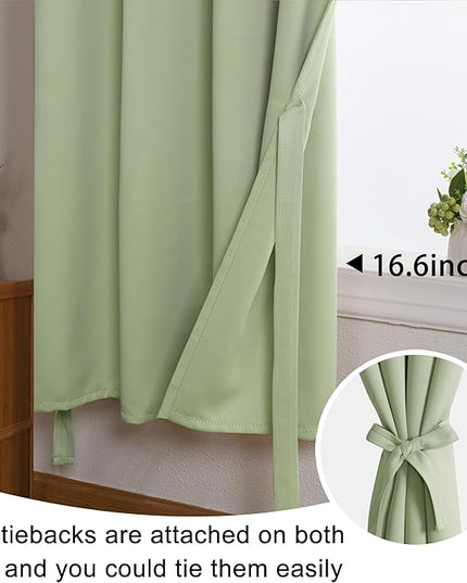 JIUZHEN Light Green Blackout Curtains with Tiebacks Thermal Insulated, Light Blocking and Noise Reducing Grommet Curtains for and Living Room, Set of 2 Window Curtain Panels, 34 x 24 Inch Length