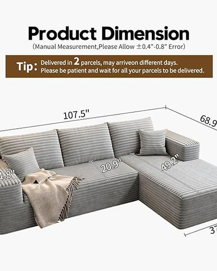 107.5" Cloud Modular Sectional Sofa Couch with L-Shape Chaise,Modern Minimalist Upholstered Couches for Living Room Bedroom,Deep Seat Corner Couch，No Assembly Required (Grey,Right Facing Chaise)
