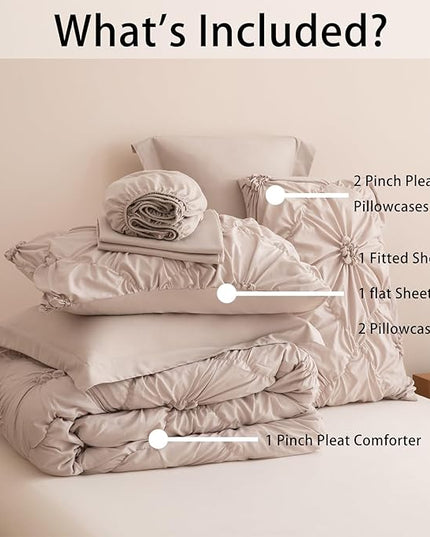 Khaki King Comforter Set - 7 Pieces Bed in a Bag, Premium Comforters King Size Bed Set Pintuck Pinch Pleat Complete Comforter Set with Flat Sheet, Fitted Sheet and Pillowcases,Khaki