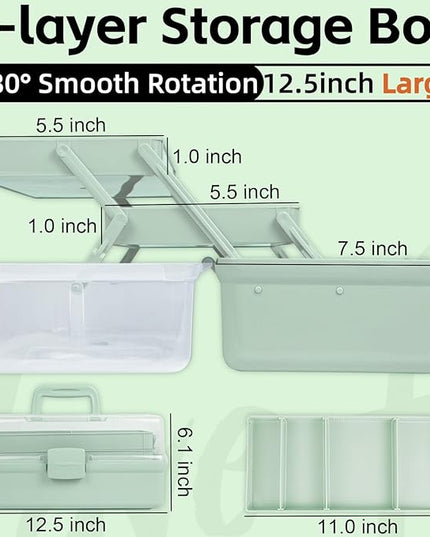 12.5in 3-Layer Multipurpose Craft Organizers and Storage with Adjustable Dividers, Portable Tackle Box, Folding Art & Craft Case for Medicine, Tool, Sewing Organizer (Haze Green)