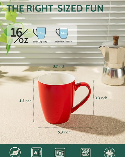 Sweese Porcelain Coffee Mugs - 16 Ounce (Top to the Rim) for Coffee, Latte, Tea, Cocoa, Set of 4, Red