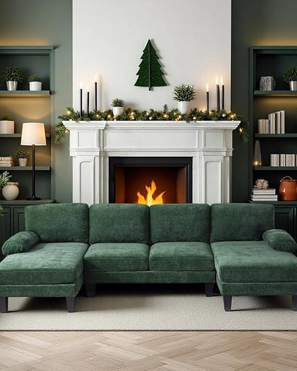 VINGLI 110" Sectional Couches for Living Room,U Shaped Couch with Double Chaise, 4-Seat Sofa Set with Chenille Fabric for Home Furniture,Forest Green