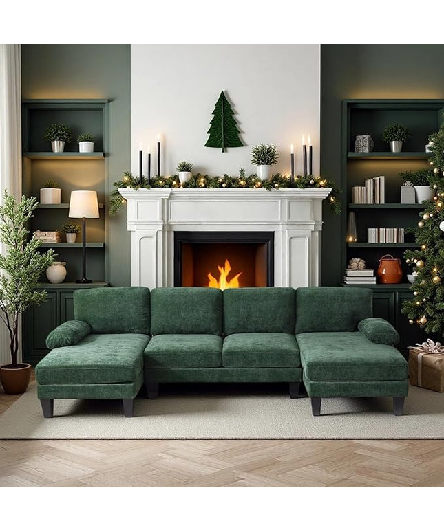 VINGLI 110" Sectional Couches for Living Room,U Shaped Couch with Double Chaise, 4-Seat Sofa Set with Chenille Fabric for Home Furniture,Forest Green