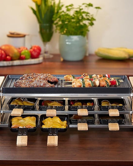 CUSIMAX Electric Grill Raclette Table Grill, 2 in 1 Indoor Grill with Non-Stick Grill & Griddle Plate, Raclette Grill with Wooden frame, 8 Cheese Pans & Wooden Spatulas, Three-Layer Korean BBQ Grill
