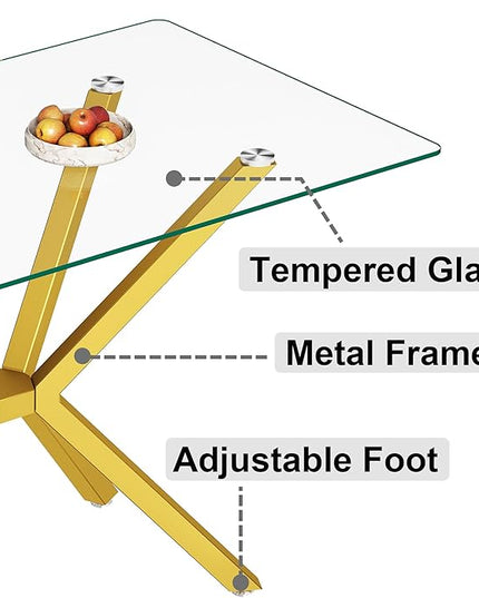 47.24" Rectangular Glass Dining Table Modern Kitchen Glass Top Table for 4 with Gold Metal Legs, Clear Dining Table Kitchen Table for Home Office Dining Room