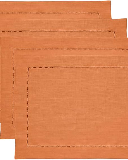 Solino Home Linen Placemats Set of 4 - Classic Hemstitch Pumpkin Placemats 14 x 19 Inch - 100% Pure Linen Table Mats for Holiday