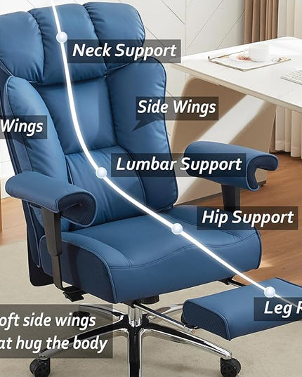 Efomao Ergonomic Office Chair 450LBS with Foot Rest, High Back PU Leather Big and Tall Executive Chair with Adjustable Padded Armrests, Lumbar Support for Home or Work, Heavy Duty Computer Chair, Blue