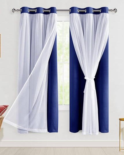 Hiasan Blackout Curtains with Sheer Overlay, Thermal Insulated Privacy Mix and Match Double Layer Window Curtains for Bedroom, Living Room, 2 Drape Panels Sewn with Tiebacks, Navy Blue, 42W X 63L