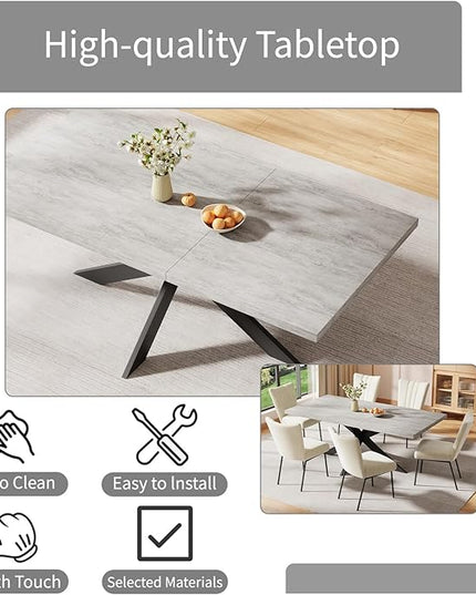 ZckyCine 6-8 Person Modern Rectangular Dining Table Set with 6 Chairs, Expandable Kitchen Table (51 to 63 Inches), Space-Saving Design, Metal Frame, Gray Tabletop & White PU Leather Chairs