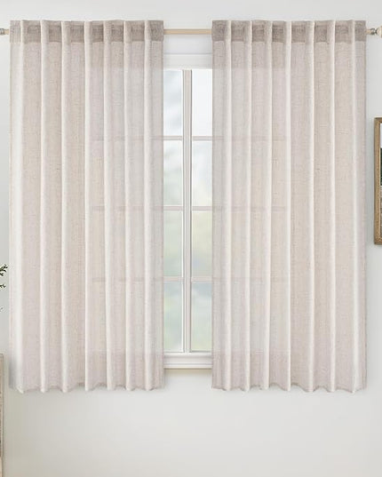 MIULEE White Linen Curtains 63 Inch Length 2 Panels for Bedroom Living Room, Soft Thick Linen Textured Natural Kitchen Window Drapes Semi Sheer Light Filtering Back Tab Rod Pocket Burlap Look Decor