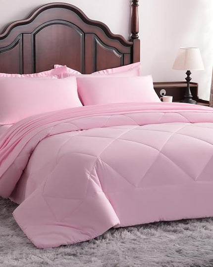 NTBAY Queen Comforter Set with Sheets, 7 Pieces Soft and Breathable Queen Bedding Set, Bed in a Bag, Down Alternative Comforter Set Solid Color All Season, Queen Bedding Set, Pink