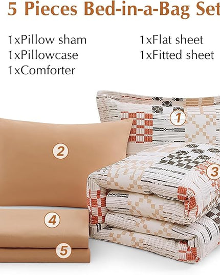 MaiRêve Plaid Twin XL Comforter Set, Farmhouse Bedding Sets for Boys Girls Teen 5 Pieces, Beige All Season Bed in A Bag for Dorm with Sheets, Pillowcase & Sham
