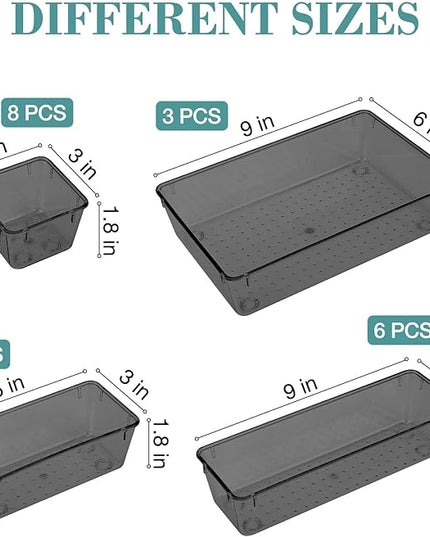 25 PCS Drawer Organizer Set, 4 Varied Size Bathroom and kitchen Drawer cabinet organizer Trays, Clear Storage Bins for Makeup, Jewelry, Utensils and Gadgets，Black