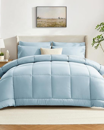 CozyLux King Size Comforter Set Light Blue, 7 Pieces Bed in a Bag, Blue Comforter King Size, All Season Bedding Sets with Stitch Quilted Comforter, Flat Sheet, Fitted Sheet, Pillowcases