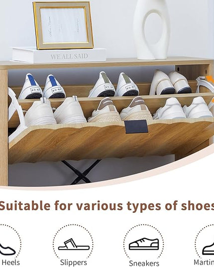 31.5” Fluted Shoe Cabinet Storage with 2 Flip Drawers,Narrow Freestanding Shoe Storage Organizer,Slim Shoe Rack Cabinet for Entryway,Hallway (Natural)