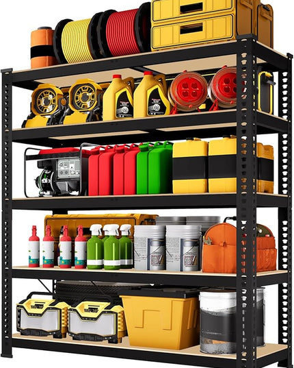 71"H x 35.5"W x 16"D 5-Tier Metal Storage Shelves: Heavy Duty Garage Shelving Adjustable Shelves for Storage - Black Utility Rack Shelf for Pantry, Warehouse, Closet, Office, Kitchen