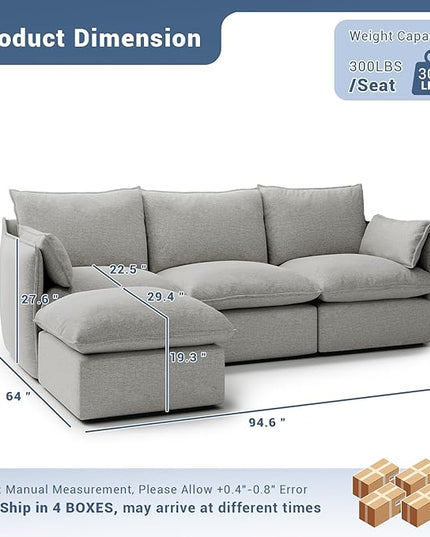 94.6" Cloud Modular Sectional Sofa, Waterproof Down Filled Sectional Sofas, High Backrest L Shaped 3 Seater Sectional Couches with Ottoman, Modular Couch with Removable Cover, Light Gray