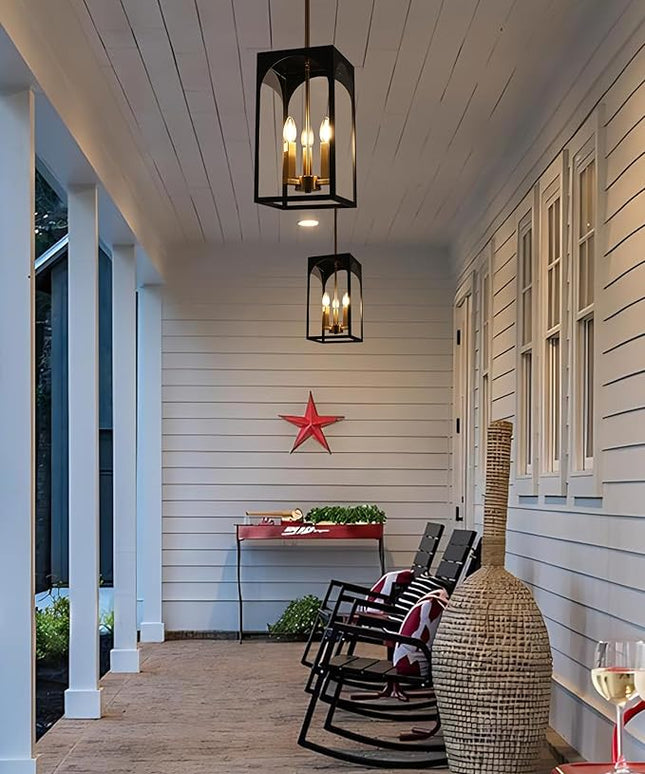 VINLUZ 3 Lights Outdoor Pendant Light Fixture in Black and Brushed Brass Finish, Classic Indoor Outdoor Hanging Lantern Lighting with Clear Glass Shade for Porch Entryway Hallway