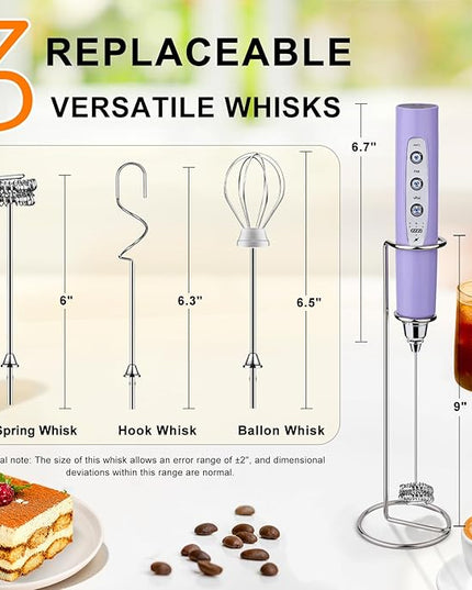 YUSWKO Light Purple Rechargeable Milk Frother for Coffee with Stand, Handheld Drink Mixer with 3 Heads 3 Speeds Electric Stirrers for Latte, Cappuccino, Hot Chocolate, Egg