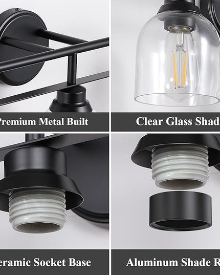3 Light Matte Black Vanity Lights for Bathroom, Bathroom Light Fixtures Over Mirror with Clear Glass Shade, Ceramic E26 Sockets Wall Mounted