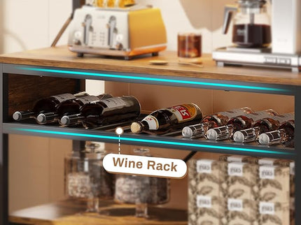 Itaar Bakers Rack with Power Outlet, 6-Tier Coffee Bar, Microwave Stand with Wine Rack, LED Lights and 10 Hooks, Bakers Racks for Kitchens with Storage, Rustic Brown