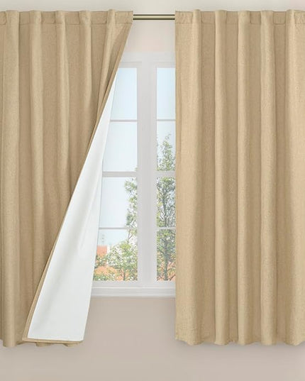 LAMIT 100% Blackout Linen Curtains, 63 Inches Linen Textured Thermal Bedroom Curtains Back Tab and Rod Pocket Neutral Panels with White Liner for Short Windows, 2 Panels, Buralp, 42 x 63 Inch