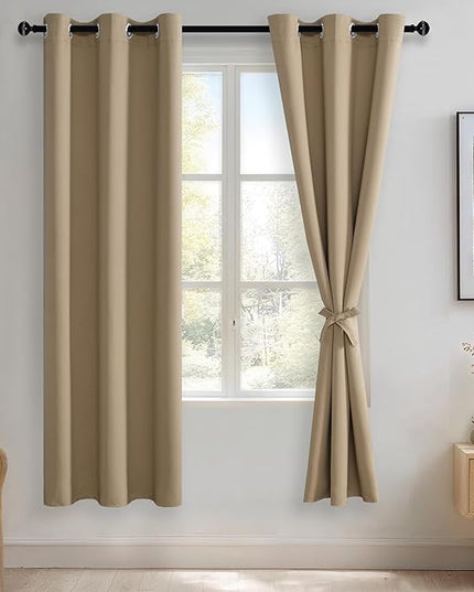 JIUZHEN Blackout Curtains with Tiebacks - Thermal Insulated, Light Blocking and Noise Reducing Grommet Curtains for Bedroom and Living Room, Set of 2 Window Curtain Panels, 38 x 72 Inch Length，Camel