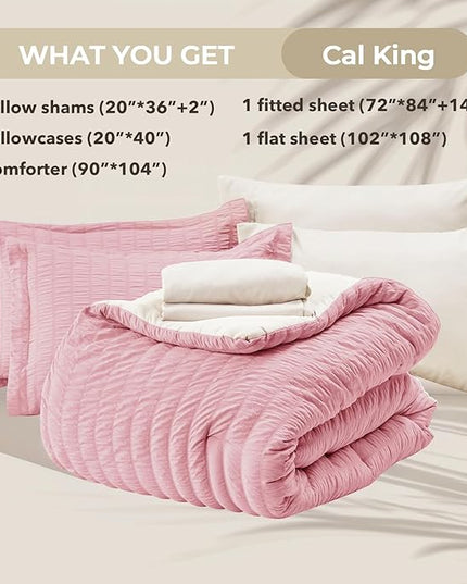 HYMOKEGE Pink/Ivory California King Comforter Set Seersucker 7 Pieces, All Season Luxury Bed in a Bag for Bedroom, Bedding Set with Comforter, Sheets, Pillowcases & Shams