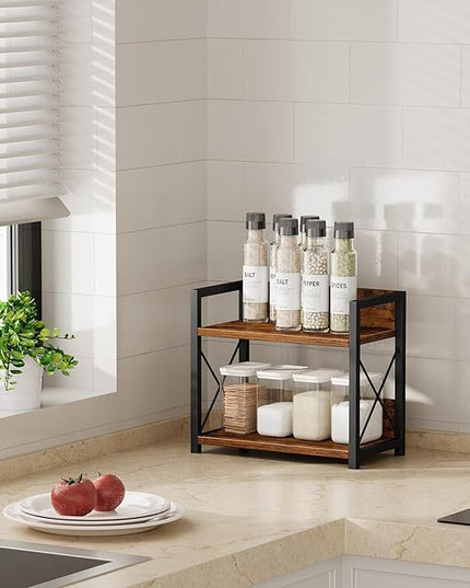 Giikin Countertop Shelf Organizer, 2 Tier Kitchen Spice Rack for Countertop, Wood Coffee Counter Shelf Organizer for Home (Brown, S)