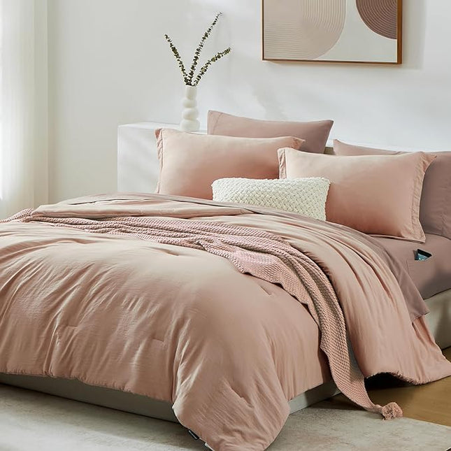 WRENSONGE King Comforter Set, 7 Pieces Clay Pink Soft Bed in a Bag King with Fitted Sheet, Flat Sheet, 2 Pillow Shams, and 2 Pillowcases- Warm Bedding Set for All Season
