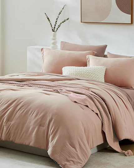 WRENSONGE Queen Comforter Set - 7 Pieces Clay Pink Soft Bed in a Bag Queen with Fitted Sheet, Flat Sheet, 2 Pillow Shams, and 2 Pillowcases- Warm Bedding Sets for All Season
