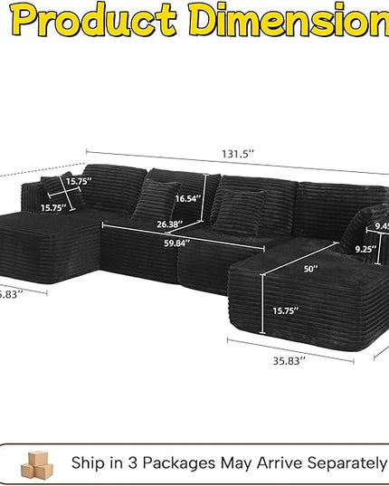 132" U Shaped Boneless Couch, Cloud Sectional Modular Sofa with Double Chaise Lounge, Flannel Cloud Couch with Pillows & Deep Seat, Boneless Sofa for Living Room, Flannel Black