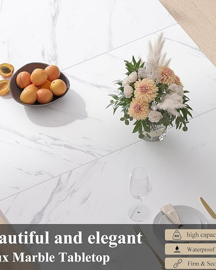 HSH White Faux Marble Dining Table, 63 inch Modern Dinner Table for 6 people, Farmhouse Rectangle Kitchen Table for Living Room, Large Wood Dining Room Tables with strong Pedestal, White Marble, 63 In