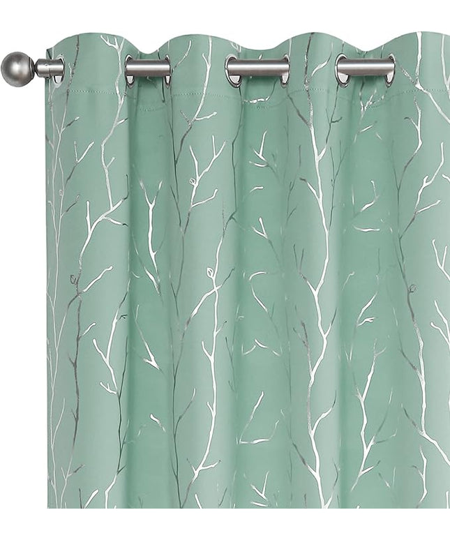 BUHUA Black Out Curtains 84 Inch Long 2 Panels, Soundproof Curtains with Elegant Silver Tree Branches Print, Heat Blocking Curtains for Livingroom, 38W x 84L, Aqua