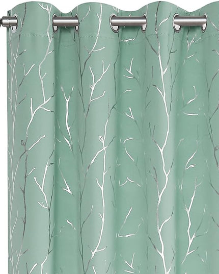 BUHUA Blackout Curtains 84 Inch Long 2 Panels, Soundproof Curtains with Elegant Silver Tree Branches Print, Heat Blocking Curtains for Livingroom, 52W x 84L, Aqua