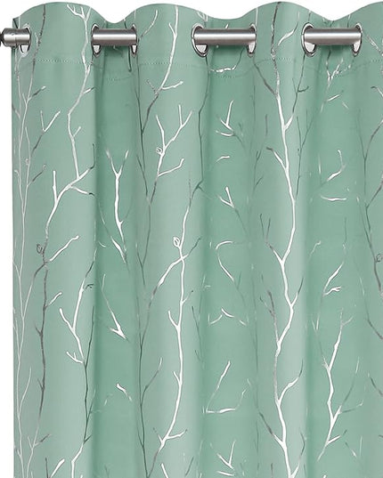 BUHUA Black Out Curtains 84 Inch Long 2 Panels, Soundproof Curtains with Elegant Silver Tree Branches Print, Heat Blocking Curtains for Livingroom, 66W x 84L, Greyish White