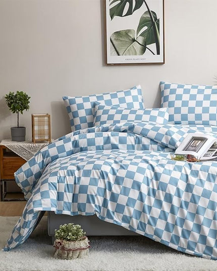 Houseri Light Blue Plaid Comforter Set California King, 3 Piece Lightweight Aqua Blue White Grid Checkerboard Bedding Cal King Size, All Season Luxury Baby Blue Buffalo Checkered Bed Sets Cali King