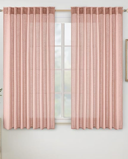 MIULEE Blush Pink Linen Curtains 54 Inch Length 2 Panels for Girls Bedroom Nursery, Soft Thick Linen Textured Short Window Drapes Semi Sheer Light Filtering Back Tab for Kids Living Room Light Pink