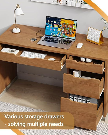 52 Inch Desk with 4 Drawers, Small Computer Desk for Small Space, Home Office Desk with Storage File Cabinet for Bedroom, Brown
