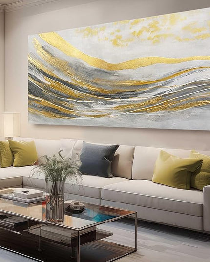 Artexist White Line Wall Paintings Modern Wall Art Gold Foil Photo Prints 29"x58" Large Dining Room Wall Decor Posters for Bedroom