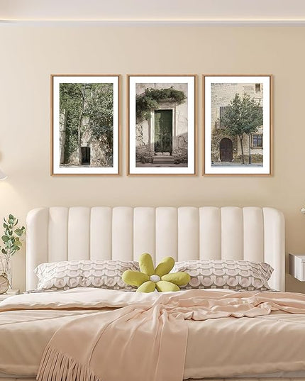 HOURIA Large Vintage Italy City Landscape Framed Canvas Wall Art Set,Green Olive Tree Old House Wall Decor,Malta Modern Minimalist Country Farmhouse Art Print for Living Room,Bedroom,Office- 24"x36"x3