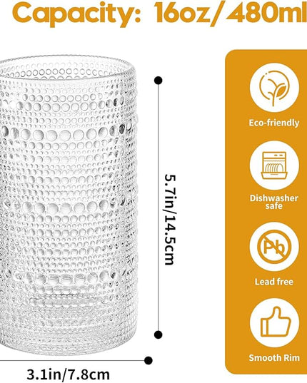 Vintage Hobnail Drinking Glasses Set of 12, 16 oz Large Capacity Embossed Clear Tumblers, Highball Glasses for Water, Cocktail, Beer, Whiskey, Kitchen & Bar Use