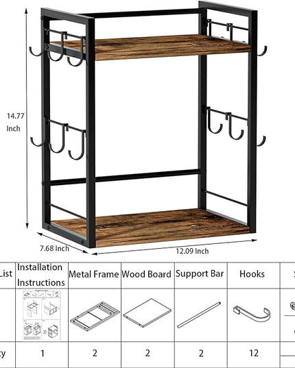 Dorhors 2 Tier Coffee Bar Accessories and Organizer,Multi-functional Mug Holder with 12 Hooks,Wood Coffee Station Organizer,Kitchen Countertop Shelf (Rustic Brown)