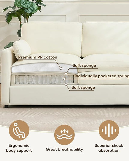Tbfit 89" Cloud Modern Sofa, Comfy 3-Seater Couch w/Pillows, Pocketed Spring Seats, Plush Foam Cushions, Chenille Fabric Removable Cover, Soft Upholstered Living Room Furniture Home Apartment, Beige