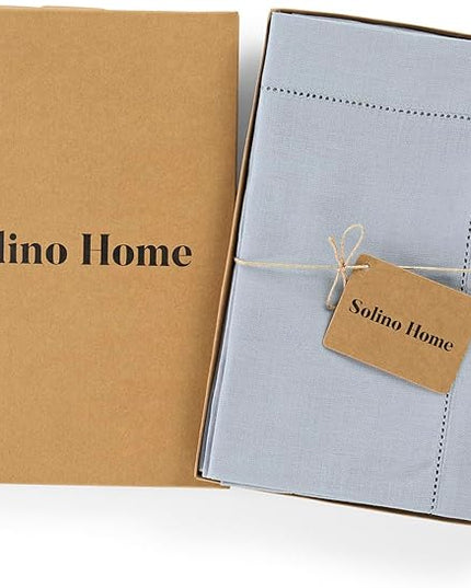 Solino Home Dusty Blue Linen Napkins Set of 4-100% Pure Linen Hemstitch Dinner Napkins 20 x 20 Inch - Classic Hemstitch