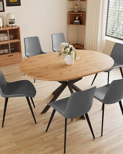 43.2"-59.1" Extendable Round Dining Table Set of 7, Round Kitchen Table with Thickened MDF Board, Oak Coffee Table,Steel Legs