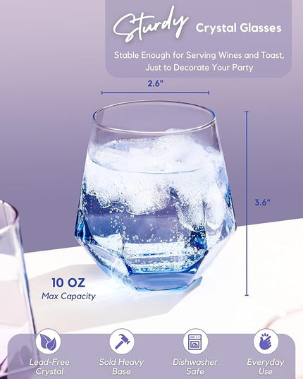 ColoVie Stemless Wine Glasses Set of 6, Cocktail Glasses, Diamond Shaped Wine Glasses for White or Red Wine, Unique Colorful Drinking Glasses,10 oz Easy Hold, Cute, Dishwasher Safe